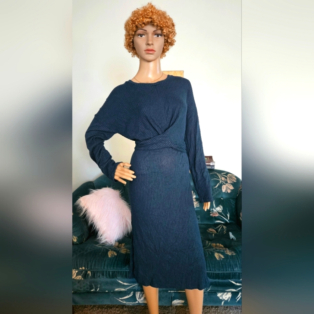 Dark Blue Shirt Bodycon Dress - Long Sleeves, Leg Slits - Stylish Chic